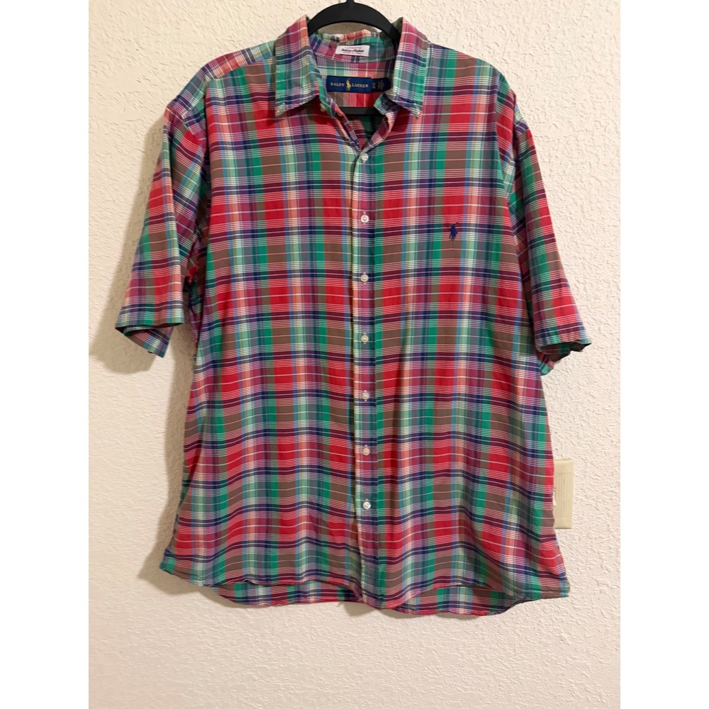 Ralph Lauren Mens Indian Madras Plaid Short Sleeve Button Shirt Red Green LT‎